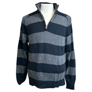 Sonoma Men's 1/4 Zip Sweater Black Gray Striped 100% Cotton Size Large **